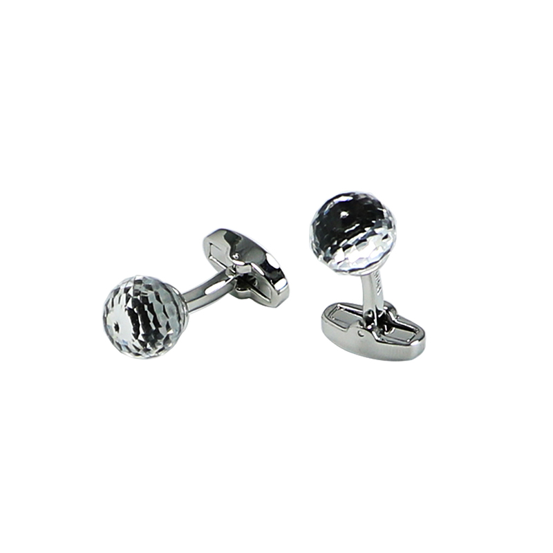 Crystal Round Facet Ball Silver Men\ s Cuff Links